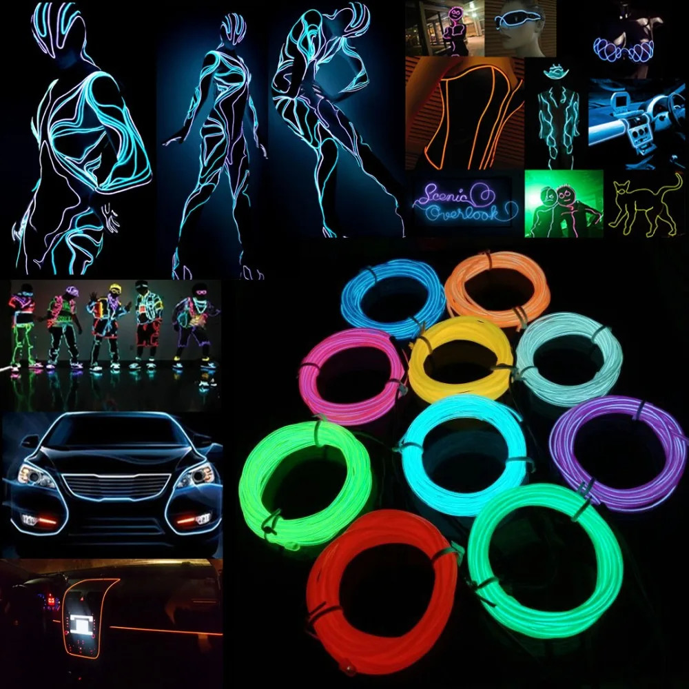 3V Battery Operated 5V USB 12V 1M-5M Neon Glow EL Wire Rope with Adapter Flexible LED Strip for Car Party Dance Atmosphere Decor