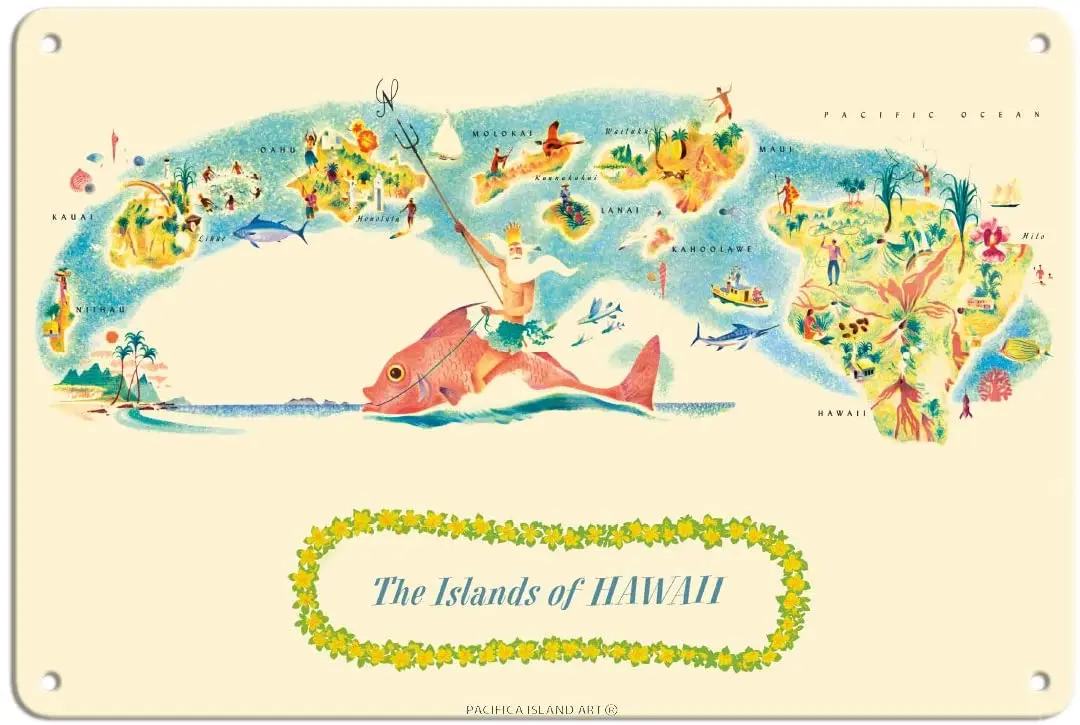 

Island Art The Islands of Hawaii - Vintage Map c.1952-8in x 12in Vintage Metal Tin Sign