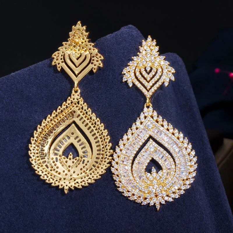 CWWZircons Luxury 585 Gold Color African Nigerian Cubic Zirconia Big Long Naija Wedding Party Women Dress Earrings CZ636