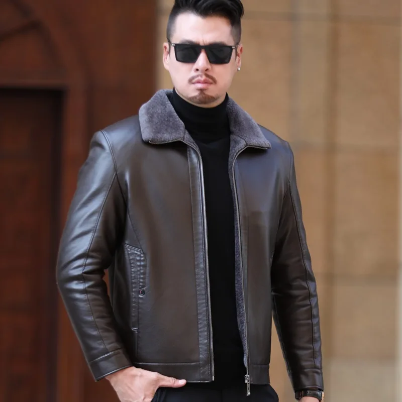 YX-222 Lederjacke Herren Pelz One Casual Verdickt Plus Kaschmir Schafslederjacke Kurzmantel