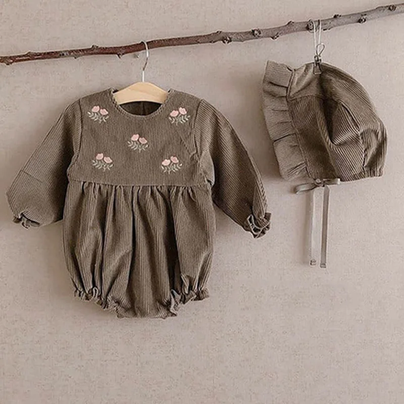 Infant Baby Girls Jumpsuit Vintage Embroidered Corduroy Korean Style Spring Autumn Baby Clothes Toddler Baby Girl Romper+Hat