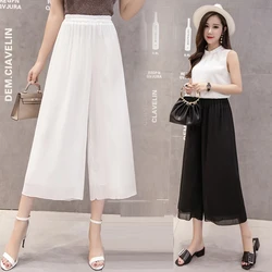 Zwart Wit Palazzo Broek Vrouwen Zomer Boho Broek Elastische Hoge Taille Toevallige Losse Chiffon Broek