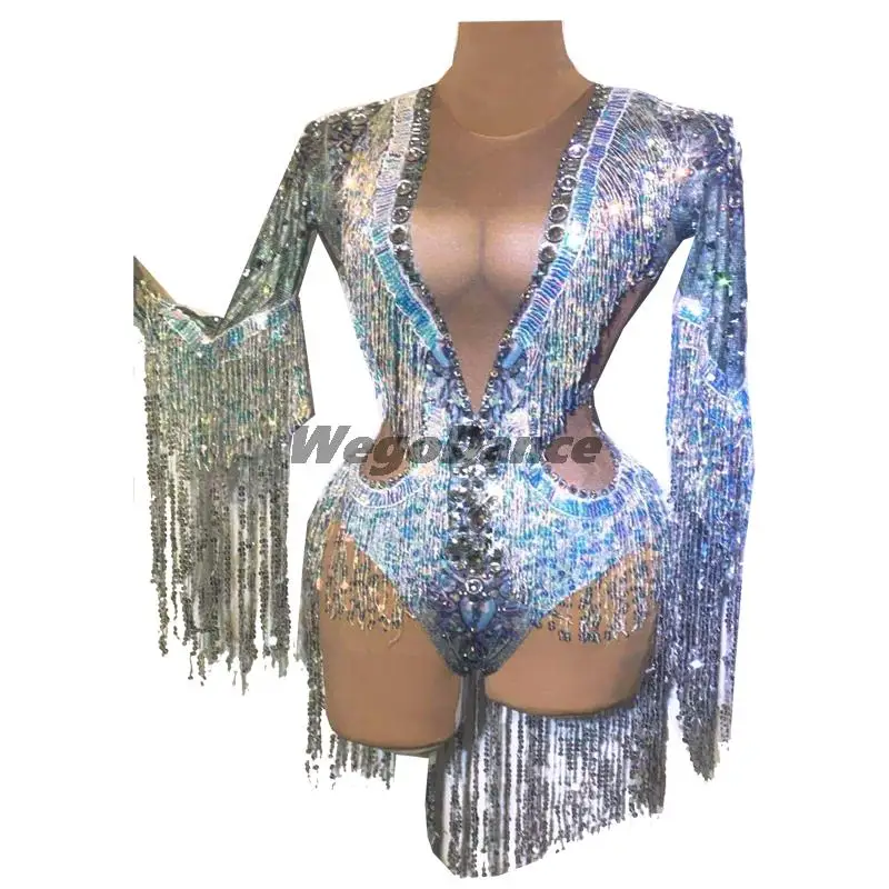 New Fashion Silver Rhinestone Sequin Tassel Party Bodysuit Women Crystal Fringes Jumpsuit Club Dancer Leotard Show Stage Outfit