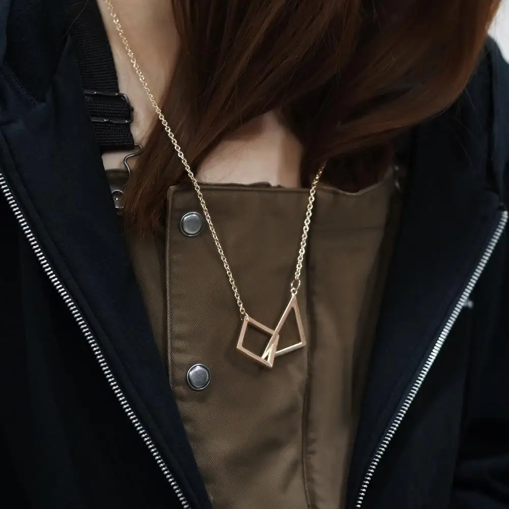 Retro, male and female, exaggerated, necklace, metal, triangle, square, long chain, women, hollowed out, necklace,