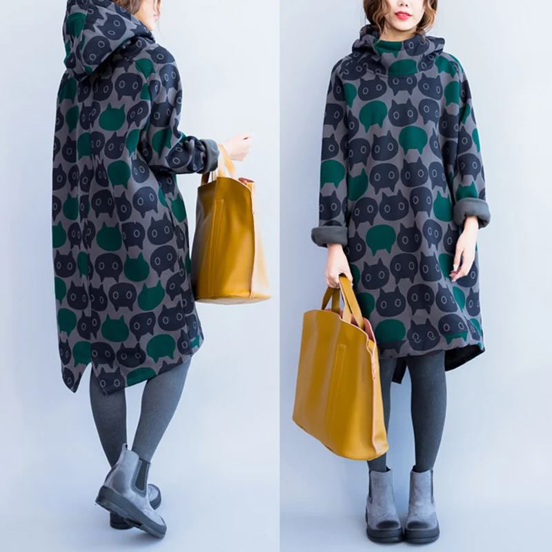Oversized Women Hoodies & Sweatshirts Winter Thickening Warm Cotton Fashion Female Cat Print Big Size Casual Turtleneck Dress