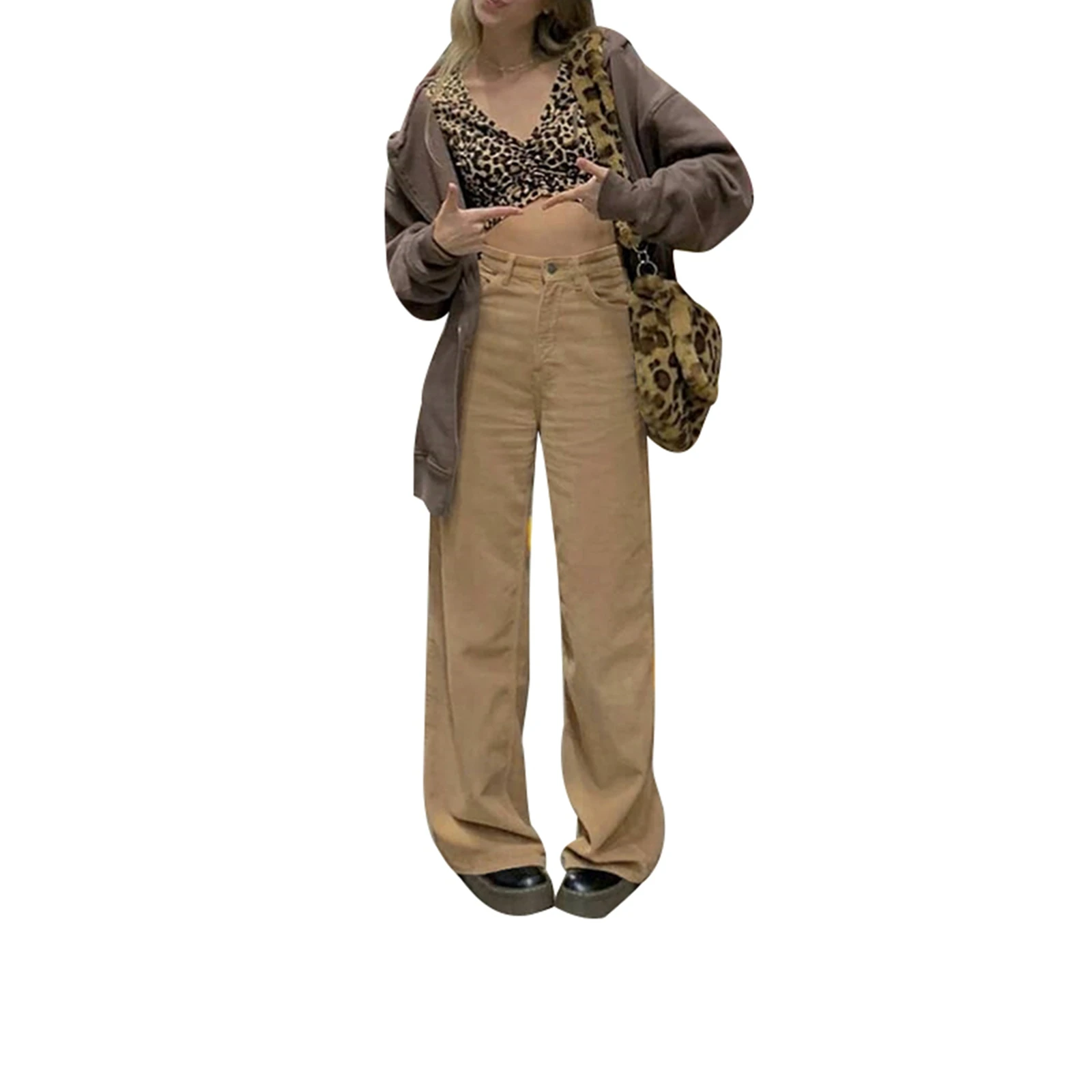 New Women Casual Wide-Leg Pants Solid Color High Waist Loose Trousers Khaki/ Apricot Fashionable And Charming Unique Style