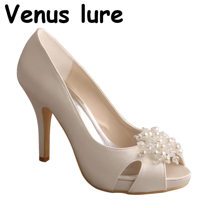 Venus lure White Heels Wedding Peep Toe Ladies Pearl Platform Shoes Size 7