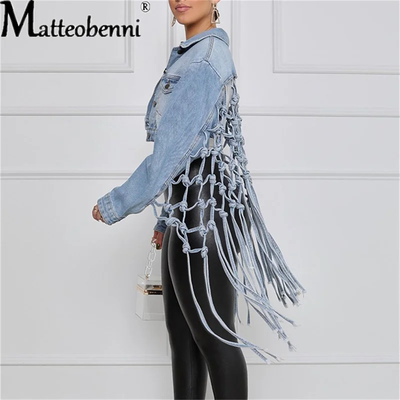 Womens Autumn 2021 New Fit Crop Tops Back Grid Tassel Design Long Sleeve Jean Coat Ladies Casual Street Denim Jacket