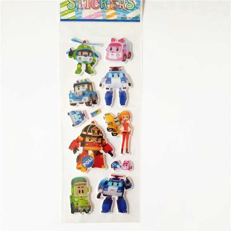 6 Sheets Korean Anime Cute Robot Poli Car Stickers for Transformation Toys Kids Toy Christmas Gifs Police Bubble Sticker