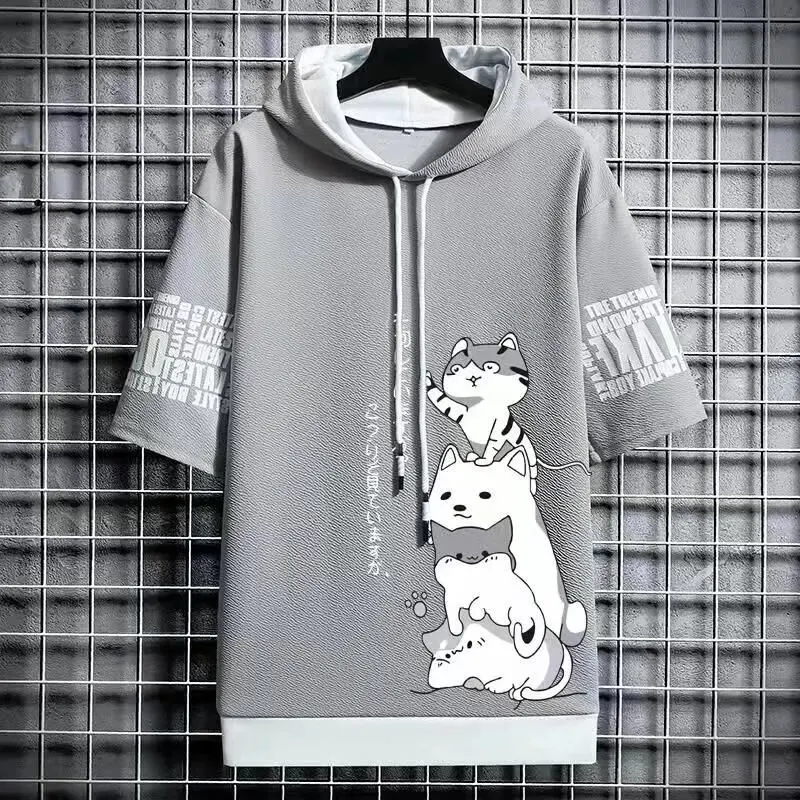 Man Summer Short Sleeve Hooded Graphic T Shirts Harajuku Cartoon Anime Shirt Japanese Streetwear Tees Casual Men Clothing 2021