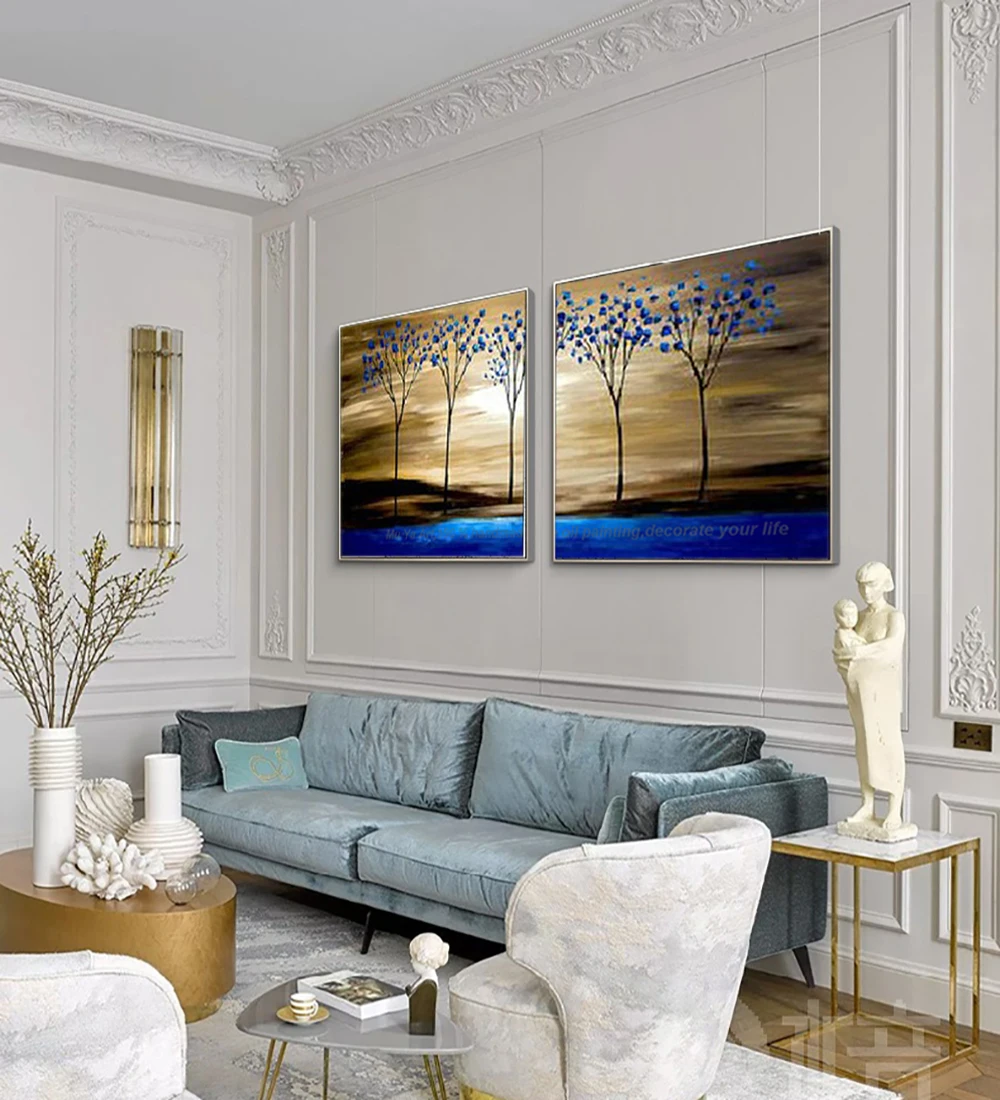 Decorative picture oil painting on canvas handmade blue tree lanscape painting abstract decoration murale salon for living room image 4