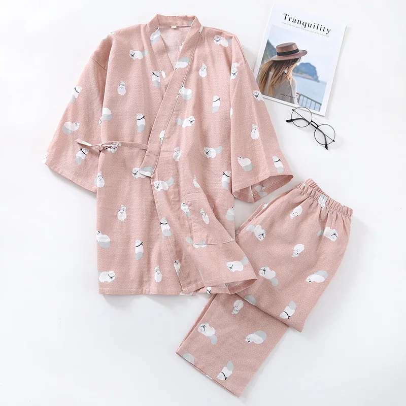 пижама женская хлопок Pyjamas women Cotton Kimono Pajamas Spring Summer Lovers Homewear Sweet Feminine Printed Japanese Style