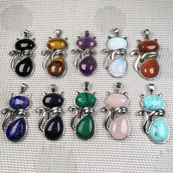 Natural Stone Agates Crystal Pendant Charms Kitten Shape Necklace Pendants for Jewelry Making DIY Supplies Fit Necklace 25x45mm