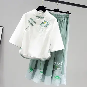 개량 한푸 여성 투피스 치파오, 중국 스타일 자수 디스크 버튼 바지, 레트로 투피스 수트, 여름 