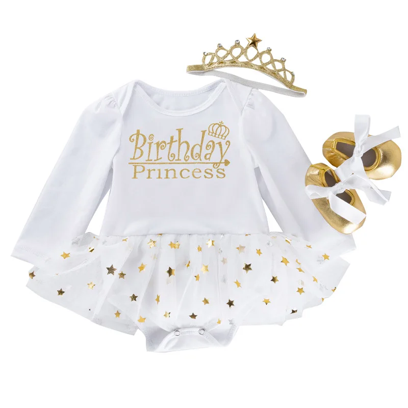 Golden Shiny Star Mesh Dress for Baby Girls First Birthday Crown White Cotton Gown Costume Toddler Girl 1 Years Princess Outfits