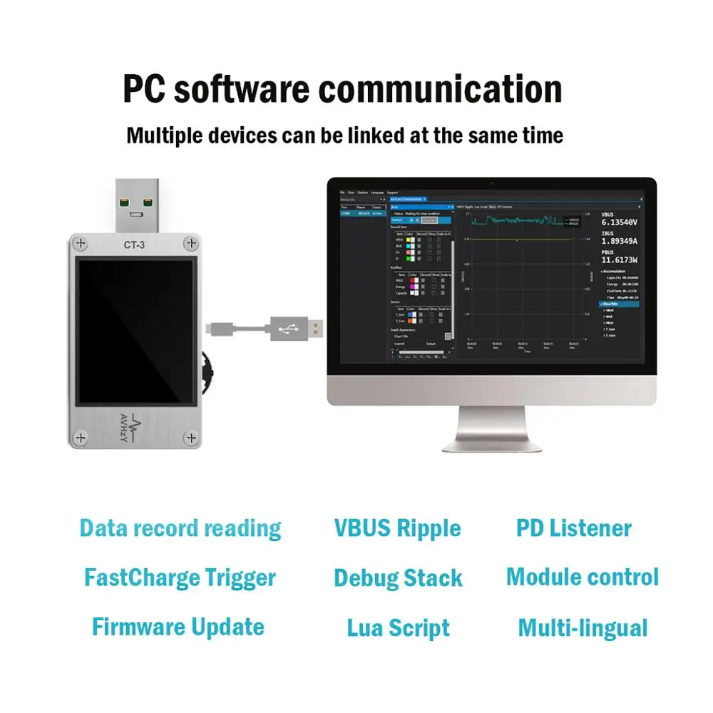 AVHzY USB 3.1 전력계 디지털 멀티미터 전류 테스터 전압 검출기 Lua 해석기 통합 DC 26V 6A AVHzY CT3/C3