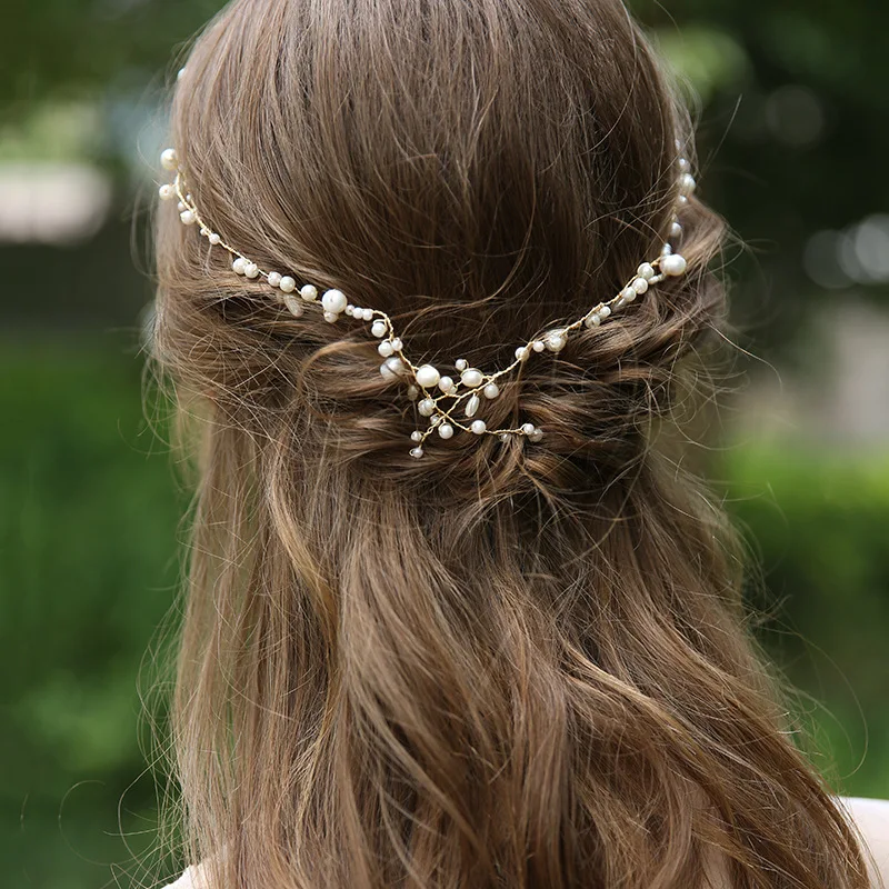 Simple Pearls Long Hair Vine Bridal Headband Gold Color Wedding Jewelry Handmade Women Hair Piece Accessories