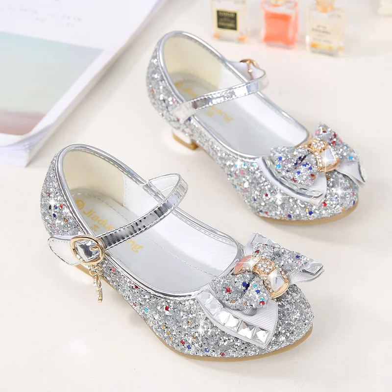 

Princess Kids Party Bling Leather Shoes for Girls Flower Casual Glitter Children High Heel Girls Shoes Butterfly Knot Blue Pink