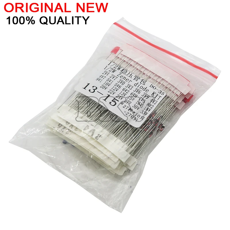 270PCS 0.5W Zener Diode Kit Assortment Set 1/2W 2V4-33V Zener Diode Pack 12V 18V 5V1 5V6 3V3 3V6 4V3 4V7 6V2 6V8 7V5 20V 22V