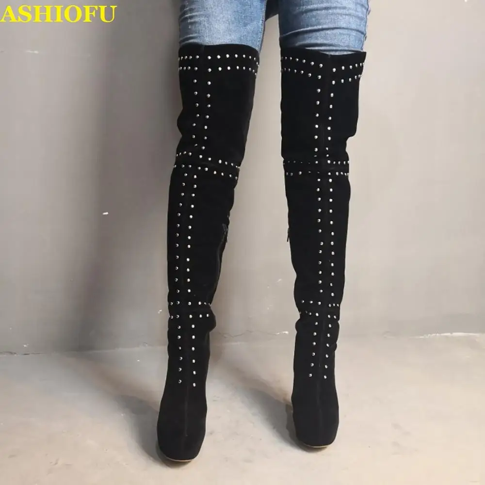 

ASHIOFU Real Photos Women Thigh High Boots Real Photos Party Club Over Knee Boots Sexy Platform Winter Evening Fashion Boots