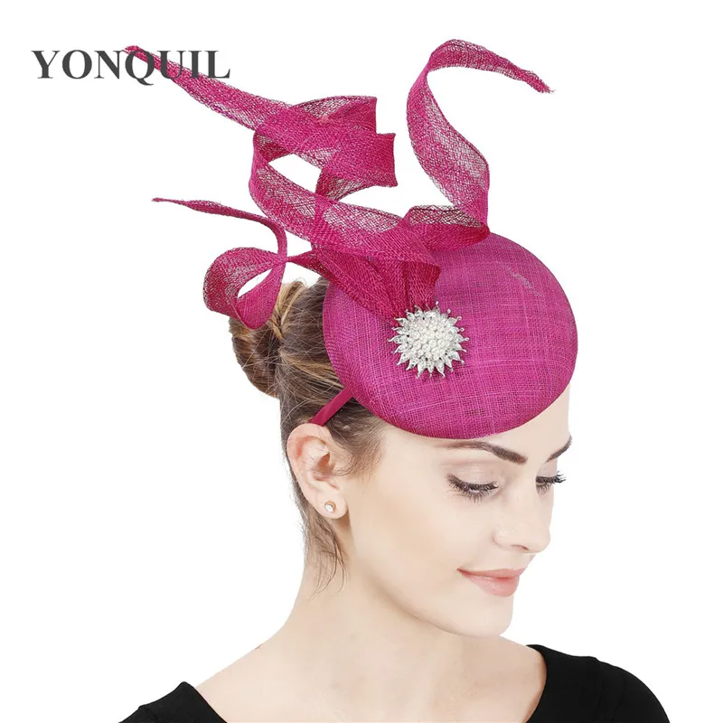 

4 Layer Sinamay Wedding Millinery Hat Magenta Linen Fascinator Female Accessories Elegant Women Headpiece Headbands High Quality