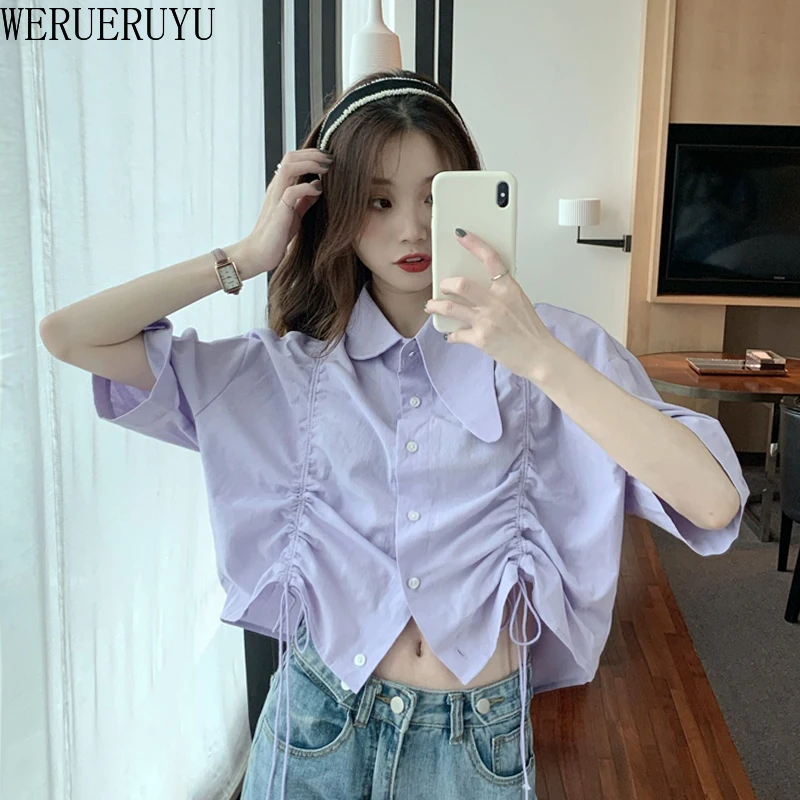 

WERUERUYU Cropped Tops Women Drawstring Tie Front Candy Colors Streetwear Slim Crop Top 2020