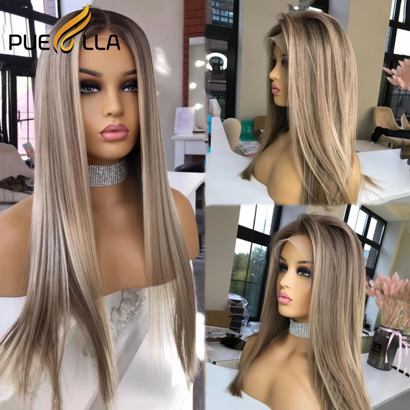 13x4 Lace Frontal Human hair Wig Transparent Lace Front Ash Blonde Highlight Wig Brazilian Ombre Gray Straight Lace Front Wig