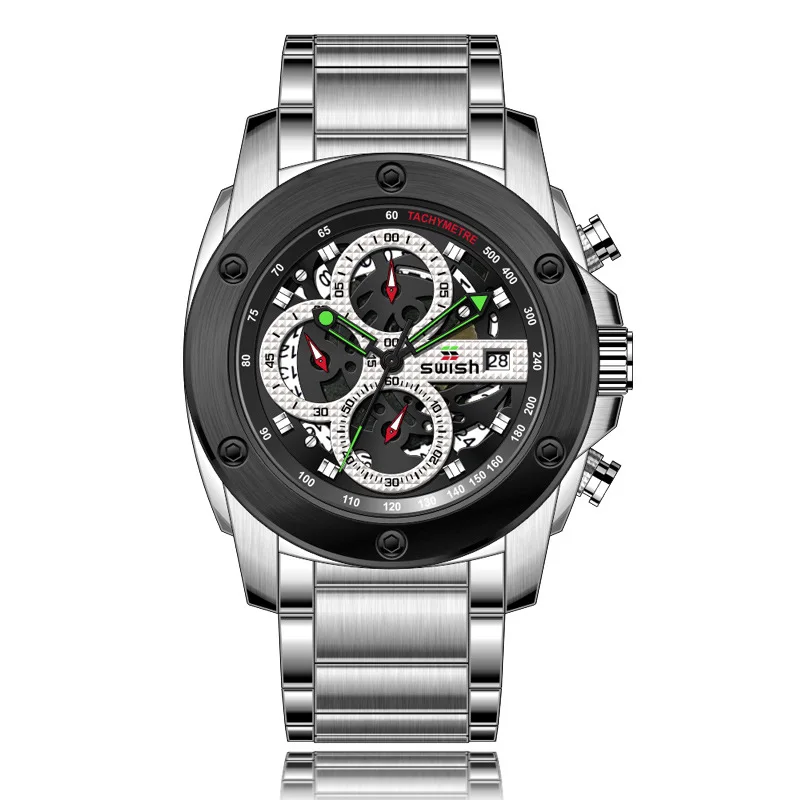 Montre à trois cadrans pour couple, à quartz, étanche, multifonctionnelle, en acier