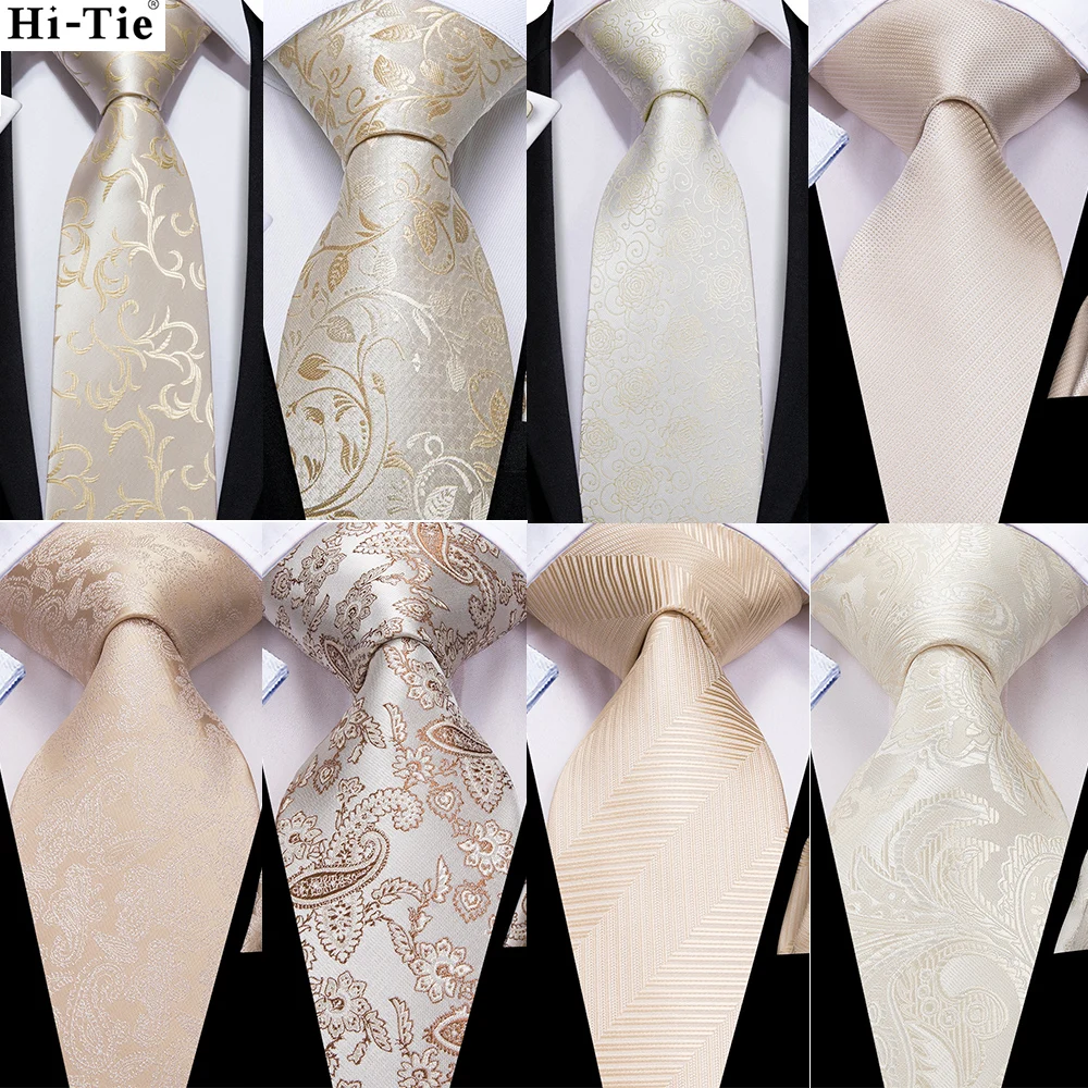 Hi-Tie Champagne Beige Floral Solid Design Silk Wedding Tie For Men Quality Hanky Cufflink Fashion Nicktie Business Dropshipping