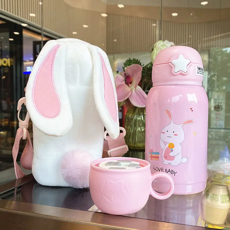 Thermos Mug with Cup Sleeve Slung Cute Plush Children Girl Straw Cup Ins Harajuku Cup Stainless Steel Cute Kawaii Water Bottle