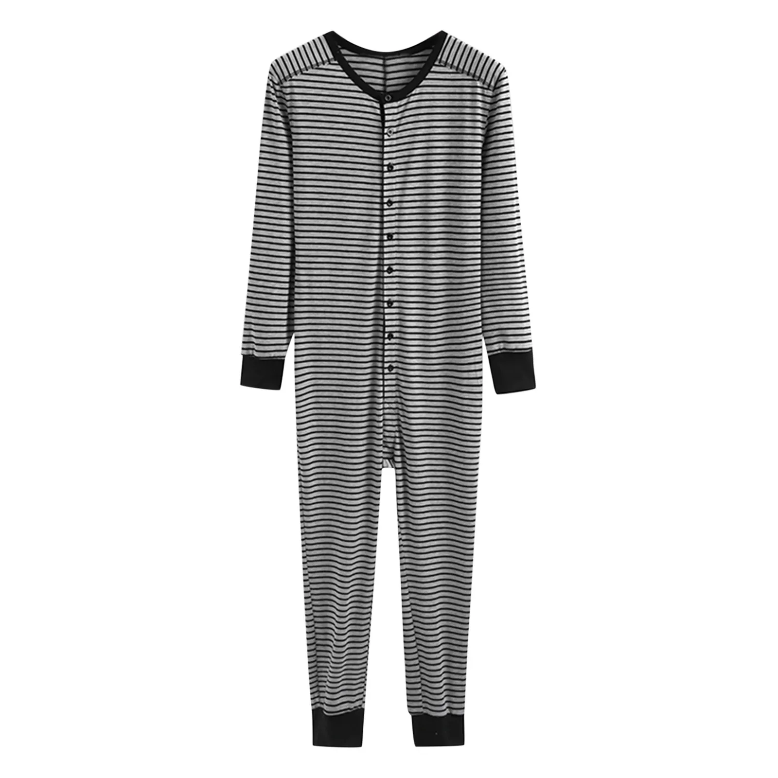 Men Casual Striped Long Pajamas Punk Style Pockets Pants Slim Long Sleeve Rompers Men Jumpsuit Pajamas Homewear