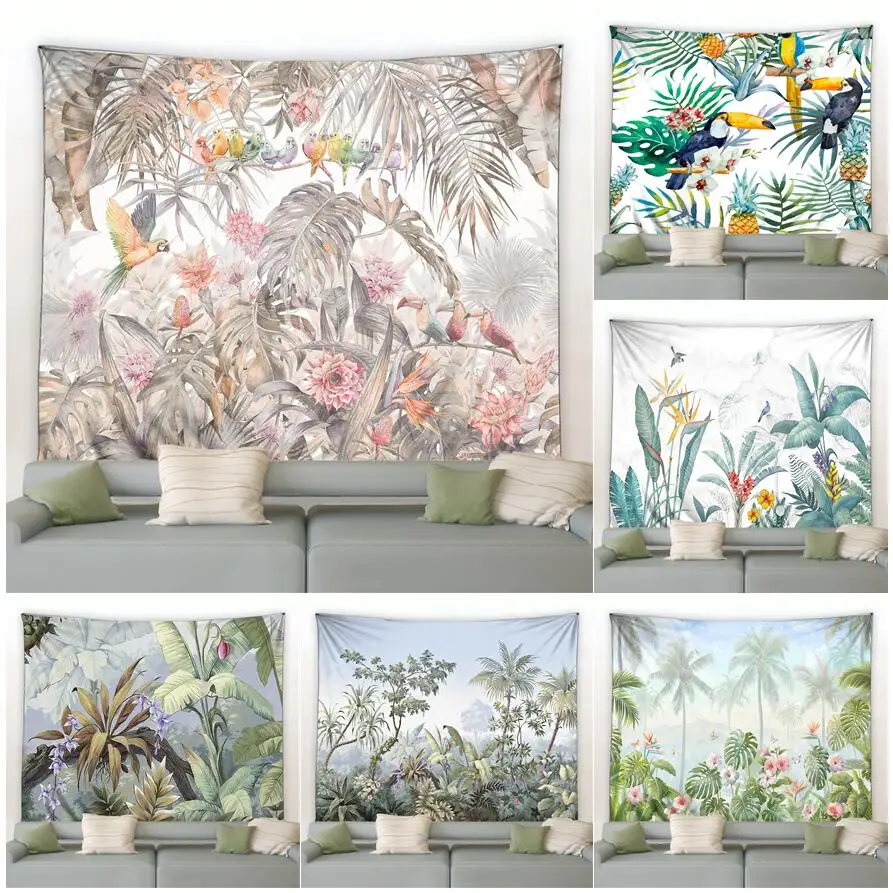 Tropical Plants Tapestry Colorful Parrot Monstera Banana Leaves Watercolor Wall Hanging Natural Landscape Living Room Tapestries