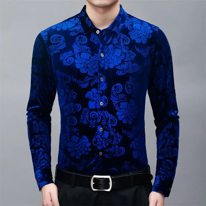 High-End Floral Carving Shirts For Men Long Sleeve Luxury Casual Spring New Fashion Quality Velvet Easy Care Chemise Homme M-4XL