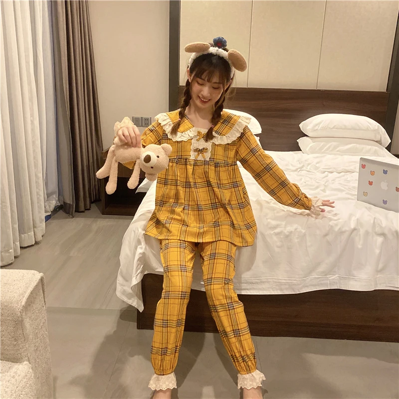 Women Pajamas Sets With Pants Long Sleeve Sexy Nightwear Pyjama Cute Casual Plaid Top+pants Pijama Luxury Brand Nightgowns