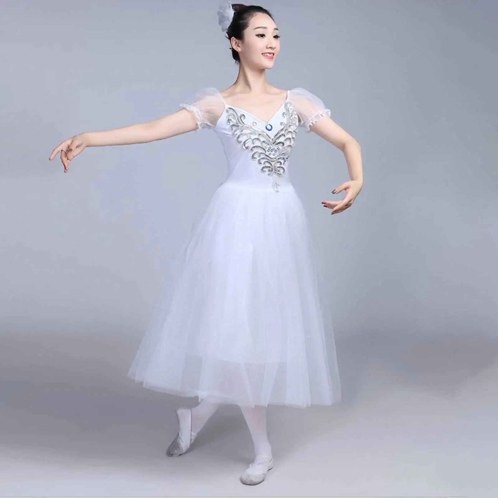 Women Ballet Dress Puff Sleeves Long Tulle Swan Lake Tutu Romantic Ballroom Stage Performance Ballerina Leotard Dance Costume