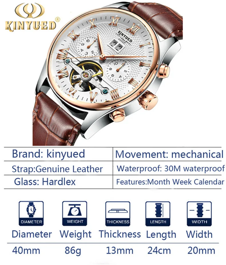 KINYUED Tourbillon Männer Uhren Mode-Business Automatische Mechanische Uhr Männer Casual Leder Wasserdichte Uhr Relogio Masculino – Detail 1