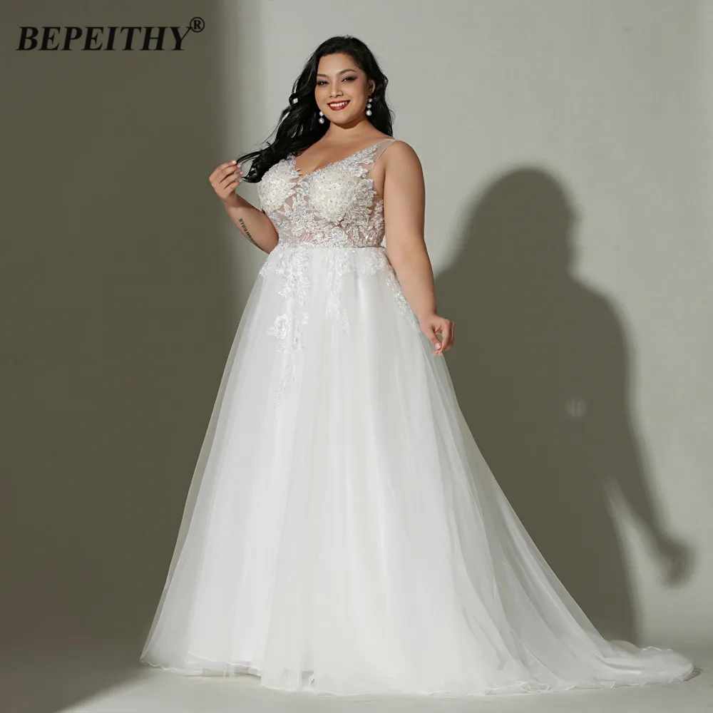 BEPEITHY Customized Plus Size V Neck Ivory Wedding Dress Dresses For Curve Women Sleeveless Bridal Gown Boho Vestidos De Festia