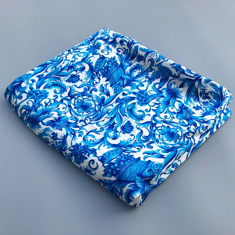 Printed Blue White Porcelain Pattern Imitation Silk Stretch Satin Polyester Soft Fashion Ladies Shirt Scarf Diy Fabric Cloth