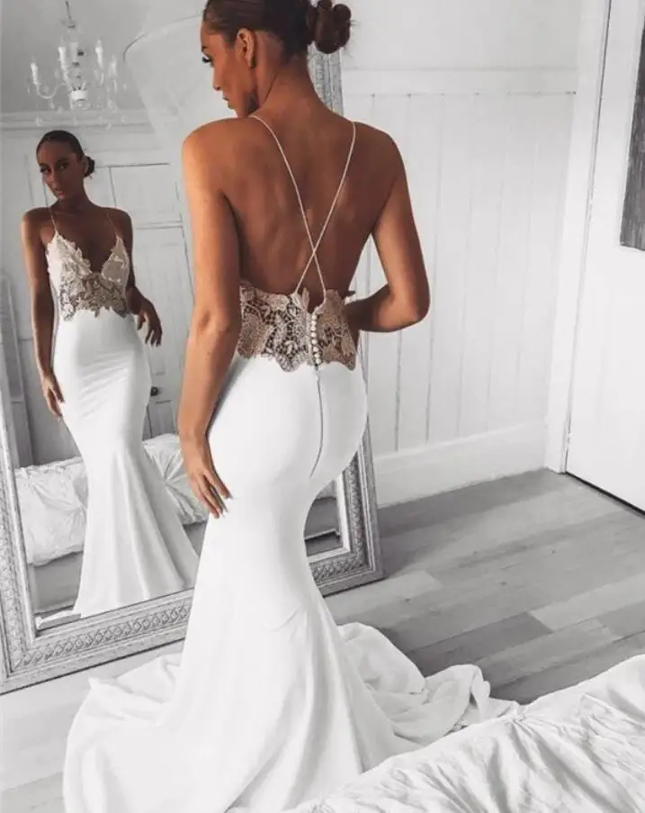 Custom Made Modern V Neck Lace Straps Sexy Mermaid Wedding Dress Open Back Bridal Gown