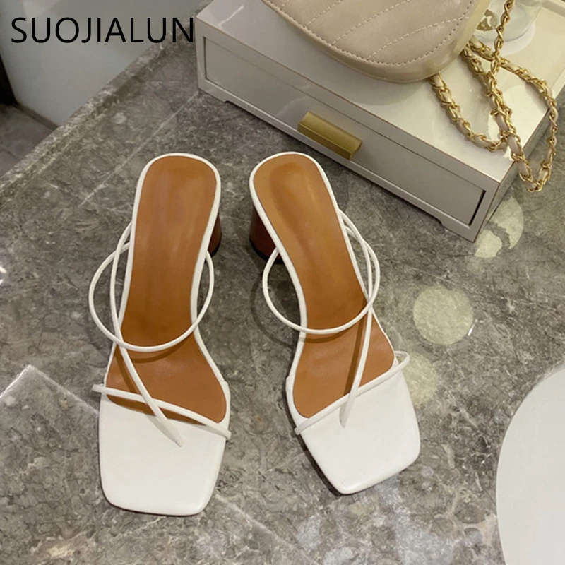 SUOJIALUN New Summer Slippers High Heel Slides Big Size 41 Narrow Band Sandal  Summer Outdoor Vacation Slides Flip Flops Mujer