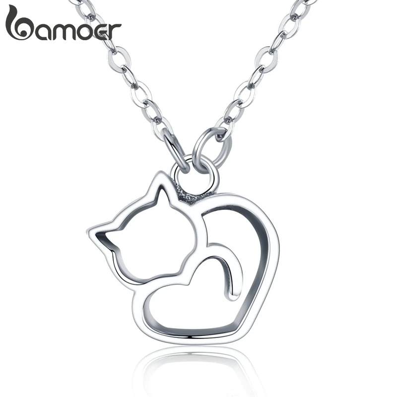 BAMOER 100% 925 Sterling Silver Minimalist Lovely Cat Pendant Necklace Cute Animal Neck Chain for Women Birthday Gift SCN188