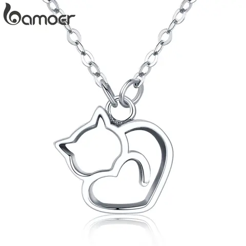 Silver Cat Pendant Necklace for Women bamoer