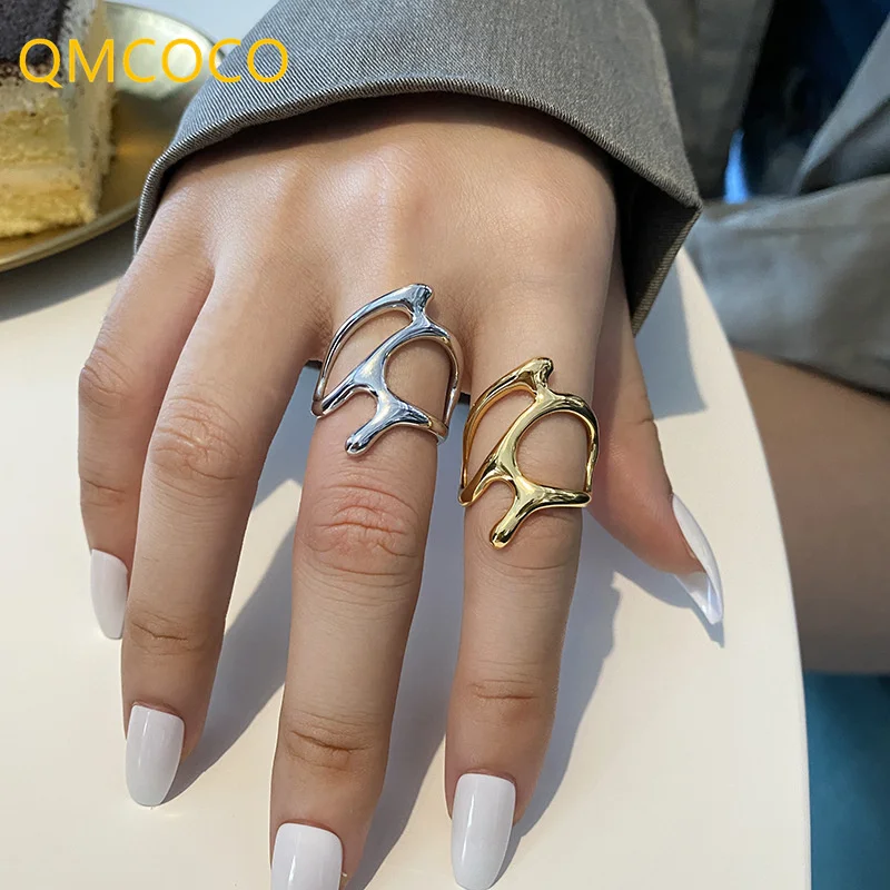 QMCOCO  Silver Color Rings HipHop Accessories Trendy Elegant Vintage Creative Irregular Hollow Out Geometric Party Jewelry