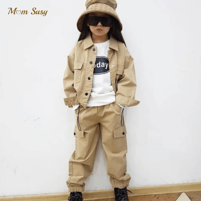 

Fashion Baby Girl Boy Shirt Coat+Cargo Pant Clothes Set 2PCS Toddle Teen Child Cotton Tracksuit Clothing Spring Autumn 3-14Y