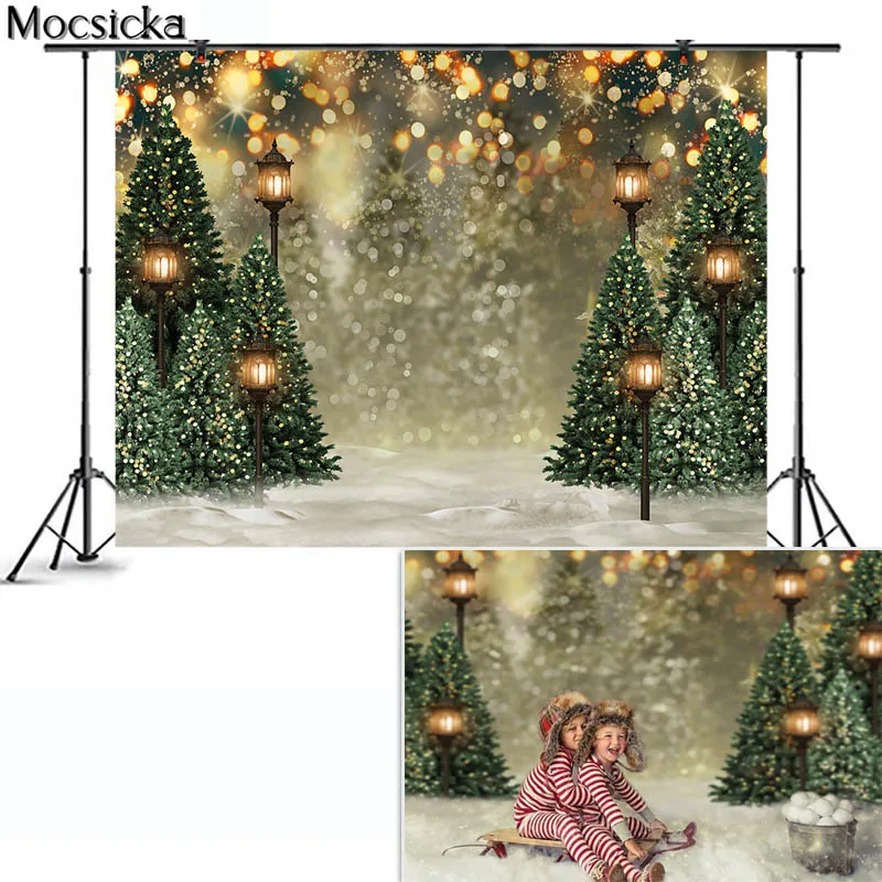 Mocsicka – arrière-plan de photographie, sapin de noël, neige d'hiver, champ de neige, lumière chaude, décor Bokeh, pour Studio Photo