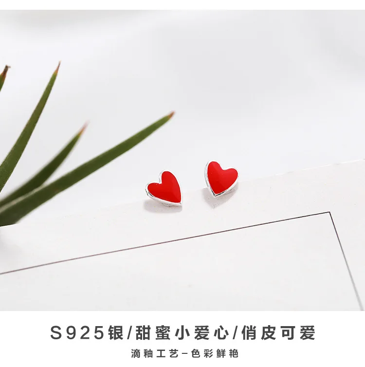 Real 925 Sterling Silver Red heart Stud Earrings for Women Girls Fashion sterling-silver-jewelry brincos brinco