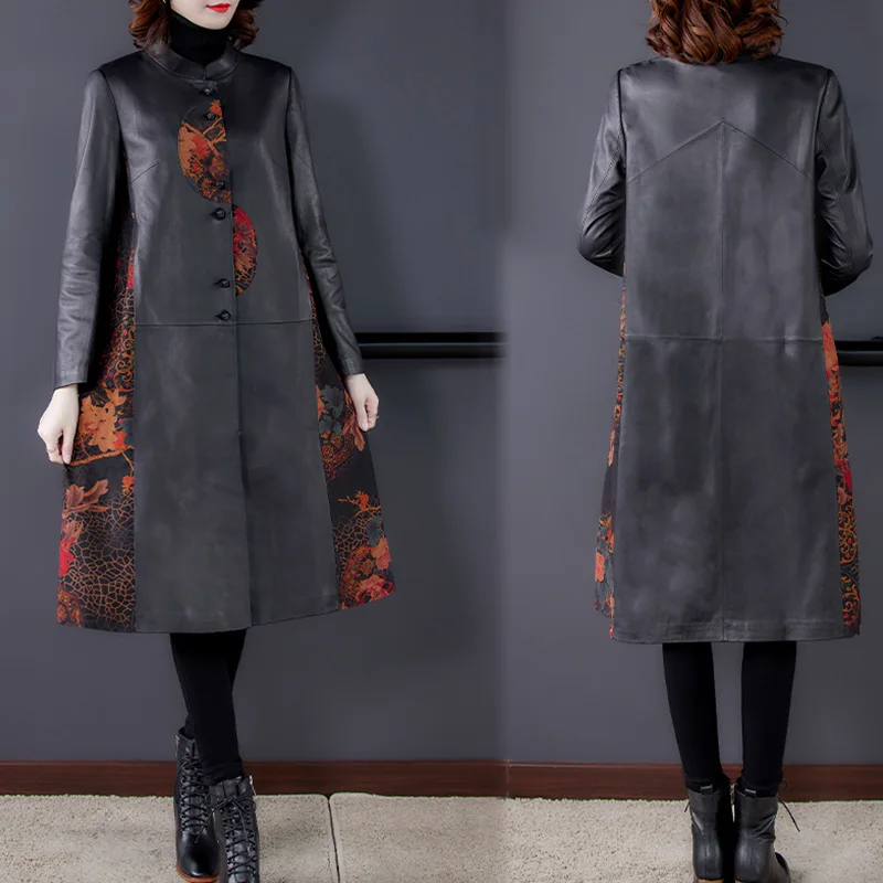 Outono e inverno mais tamanho mãe usar nova moda magro preto blusão jaqueta na moda feminina high-end couro trench coat