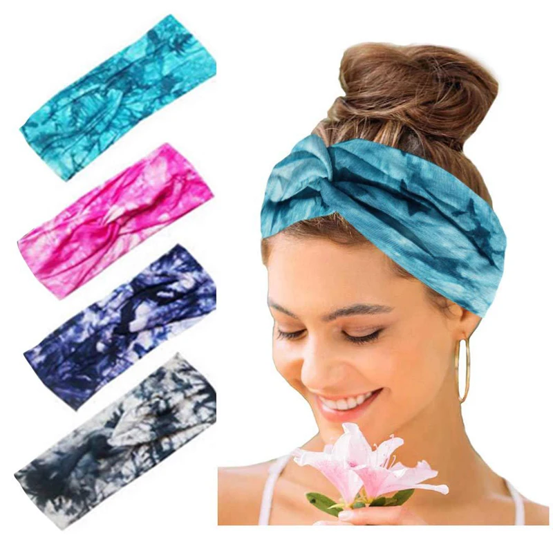 Women Tie Dye Cross Knotted Headband Hairband Sweat Color Hair Bands Lady Sport Yoga Fitness Elastic Hair tie Hair Accessories