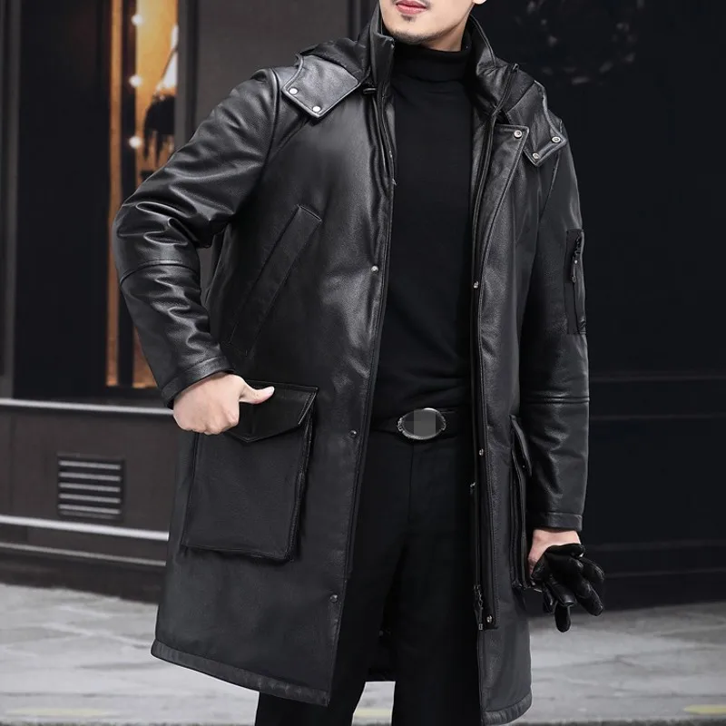 Winter New Down Jacket Mens Long Coat Cowhide Removable Cap Genuine Leather Loose Zippers Male Outerwear