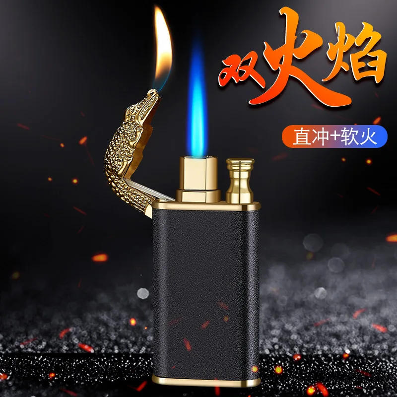 Hot Metal Crocodile Dolphin Double Fire Lighter Creative Direct Windproof Open Flame Conversion Cigarette Lighter Men\'s Smoking